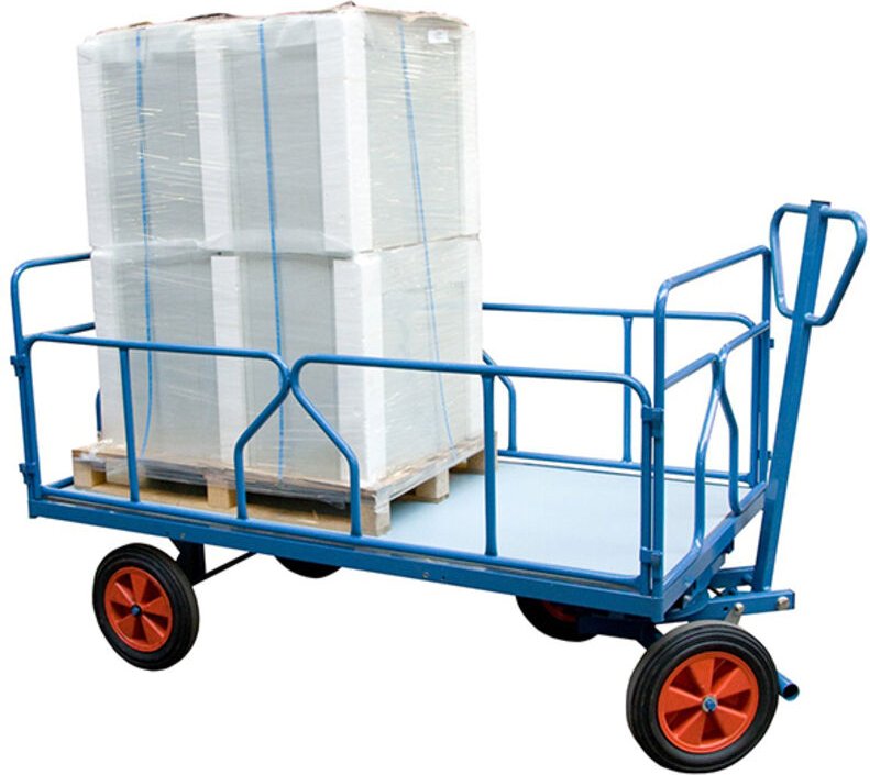 Transportwagen mit schwenkbarer Vorderachse 1000 kg - 2 Rückenlehnen 2 Bordwände aus Rohr - Platte 1600x800mm - 80000713...