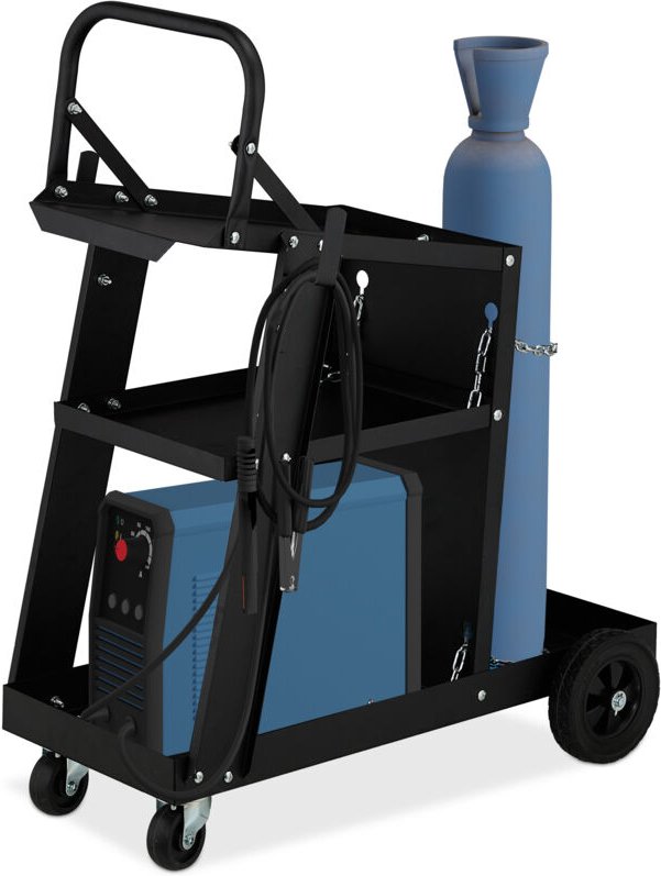Relaxdays Schweißwagen, 3 Ablagen, Stellplatz für Gasflasche, Schweißgerätewagen, bis 90 kg, HxBxT: 88x40x71 cm, schwarz