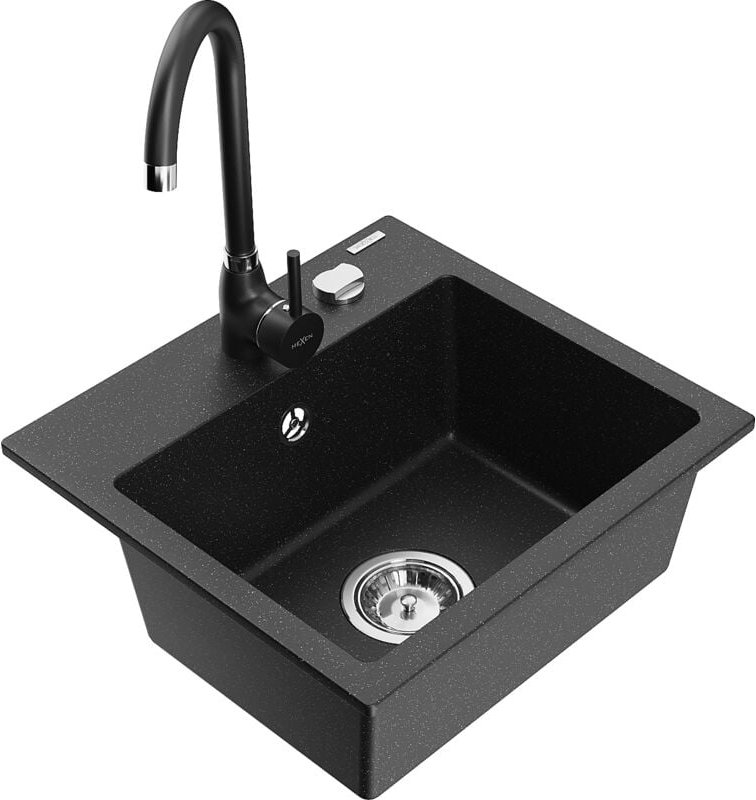 Milo 1-Becken-Granit-Spüle mit Mischbatterie Telma, Schwarz/Silber - 6505-73-670200-70 - Mexen