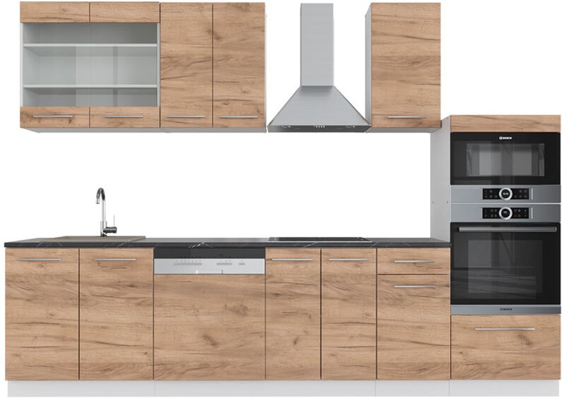 Vicco - Küchenzeile Fame-Line, Goldkraft Eiche/Weiß, 300 cm mit Hochschrank, ohne Arbeitsplatte