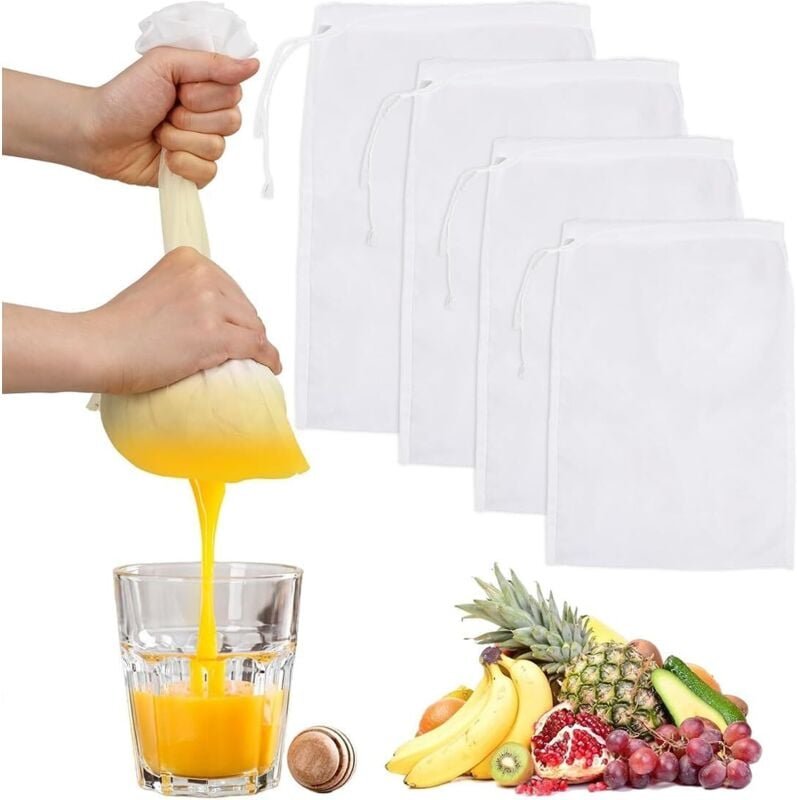 4 Stück Filterbeutel, Käsetuch in Lebensmittelqualität, weißes Stoffsieb, Nylon, Filterbeutel für Gemüse- und Fruchtsaft...
