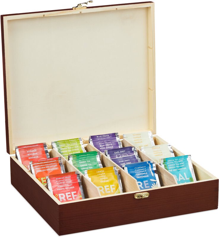 Teebox, 12 Fächer, Holz, Organizer für Teebeutel und Kaffeepads, Teekiste groß hbt: 7,5 x 29 x 26 cm, braun - Relaxdays