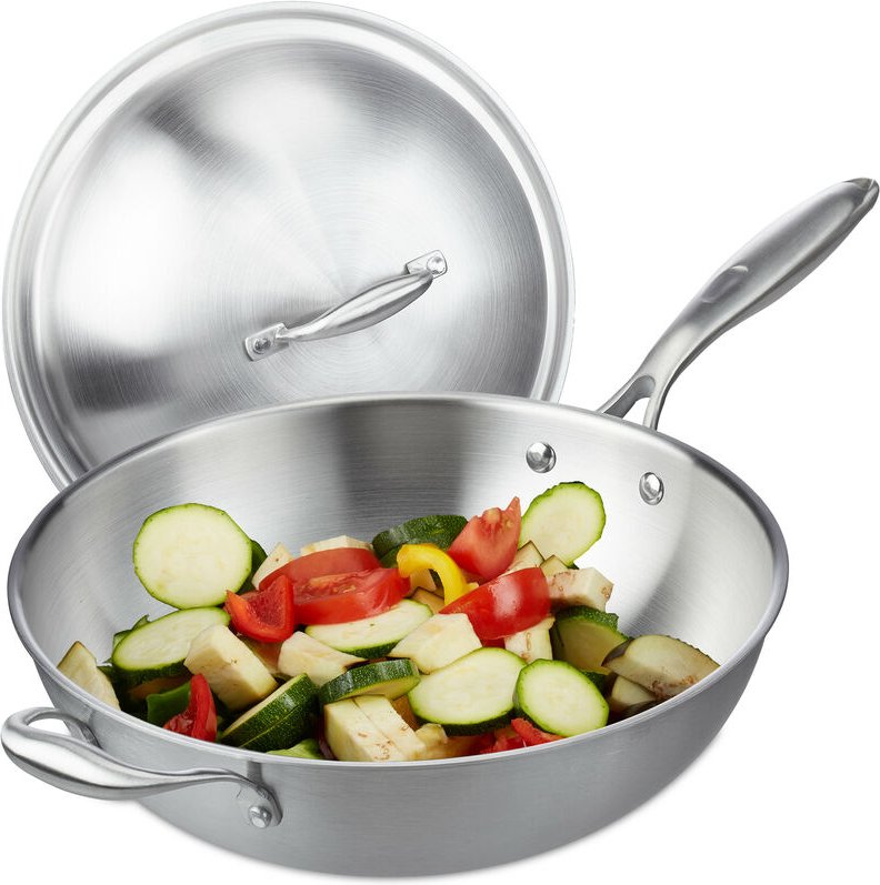 Wok, ø 32 cm, Edelstahl unbeschichtet, Gas-, Elektro-, Induktionsherd, Wokpfanne mit Deckel & Griff, silber - Relaxdays