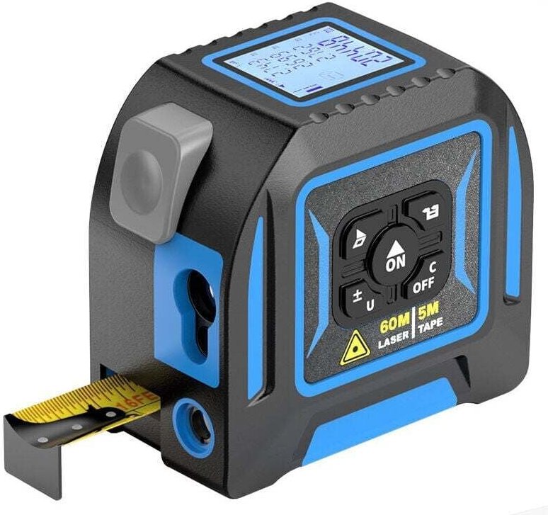 Professionelles 2-in-1-Lasermessgerät – 5 m mechanisches Band + 60 m Laser – USB-C wiederaufladbar – Blau