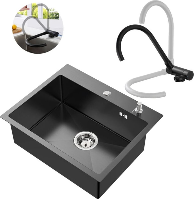 Edelstahl Küchenspüle + Umklappbare Küchenarmatur Set, 55 × 45 cm Einbauspüle mit Seifenspender, Vorfenster Spültischarm...