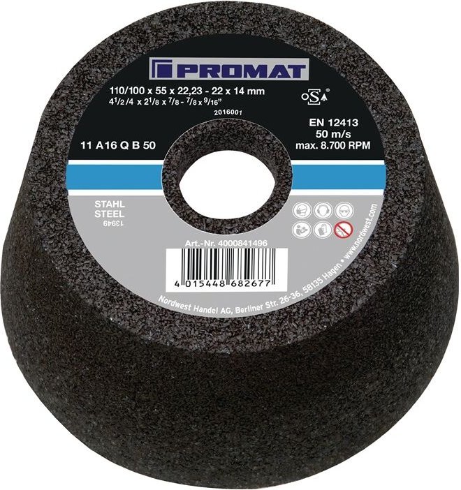 Promat - Schleiftopf A16Q 110/100 mm Stahl und Stahlguss 16 Bohrung 22,23 mm