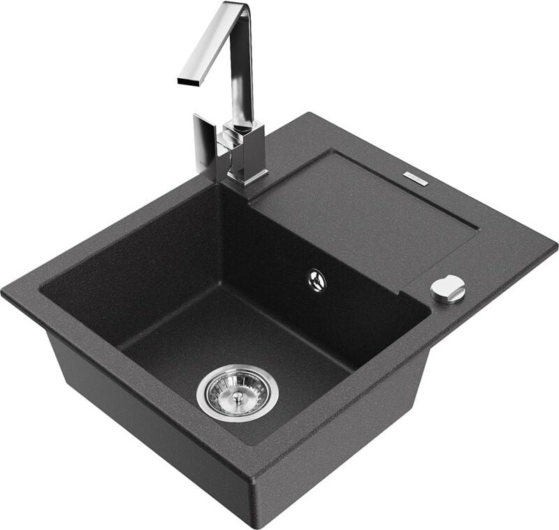 Enzo 1 Becken-Granitspüle mit Abtropffläche und Mischbatterie Rita, Schwarz gesprenkelt - 6506 - Mexen