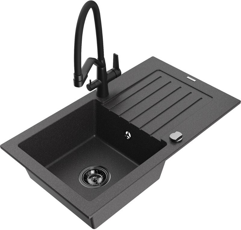 Pablo 1 Becken-Granitspüle mit Abtropffläche und Mischbatterie Duo, Schwarz gesprenkelt - 6510 - Mexen