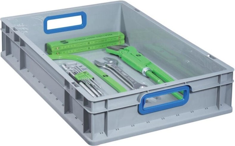 Transportstapelbehälter L400xB300xH170mm grau pp offener Griff blau Seitenwände geschlossen