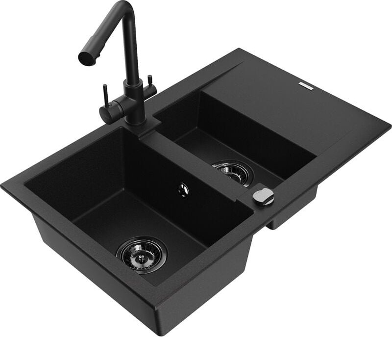 Gaspar 1,5-Becken-Granitspüle mit Abtropffläche und Mischbatterie Duero, Schwarz - 6507-77-671 - Mexen