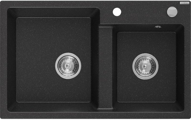 Tomas 2-Becken-Granit-Spülbecken 800 x 500 mm, Schwarz/Silbermetallic, Siphon chrom - 65168020 - Mexen
