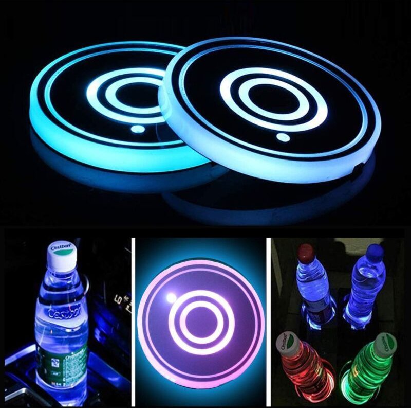 2er-Pack LED-Getränkehalter, LED-Auto-Untersetzer mit 7 Farben leuchtender Tassenunterlage, USB-Ladebechermatte für Unte...