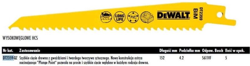 DEWALT Säbelsägeblatt 152 x 4,2 mm S611VF HOLZ MIT NÄGELN, PVC / 5 Stk.