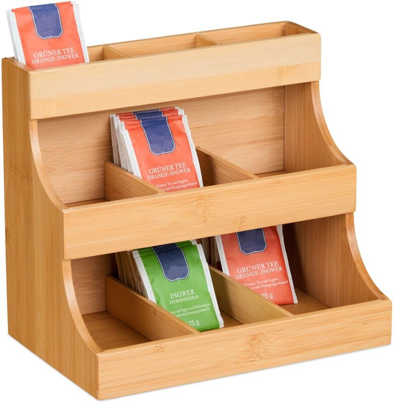 Relaxdays - Tee Organizer, 9 Fächer, aus Bambus, HxBxT: 24 x 26 x 17,5 cm, Tee & Kaffeepads, Teeregal vertikal, natur