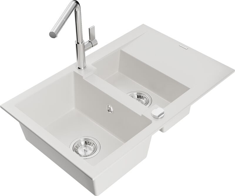 Gaspar 1,5-Becken-Granitspüle mit Abtropffläche und Mischbatterie Flora, Weiß - 6507-20-670401 - Mexen