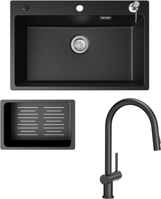 Cecipa Max - Küchenspüle 70x45cm Granitspüle Anthrazitschwarz Mit Seifenspender + Ausziehbarer Küchenarmatur Schwarz Mit...
