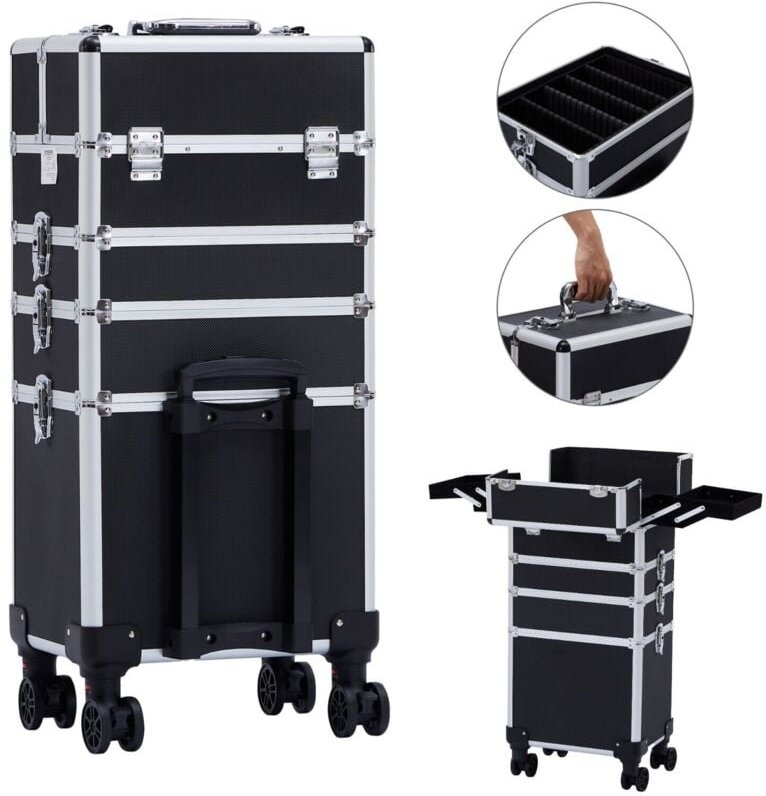 AREBOS 4-in-1 Kosmetikkoffer 4 Fächer & 1 Schublade Teleskop- und Tragegriff 8 Schlösser 4X 360°-Rollen Samtfutter Troll...
