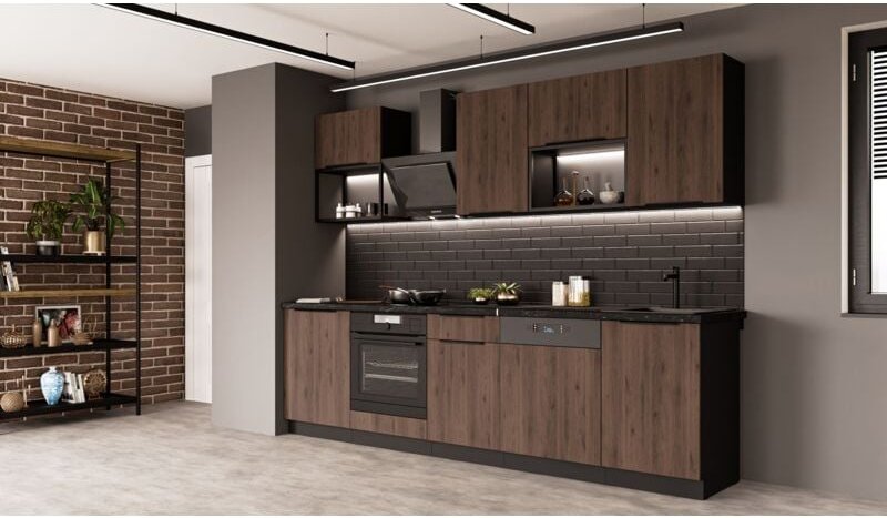 Küche MONZA BASIC LOFT 280 cm Küchenzeile Küchenblock Einbauküche Nussbaum Okapi matt + Schwarz matt