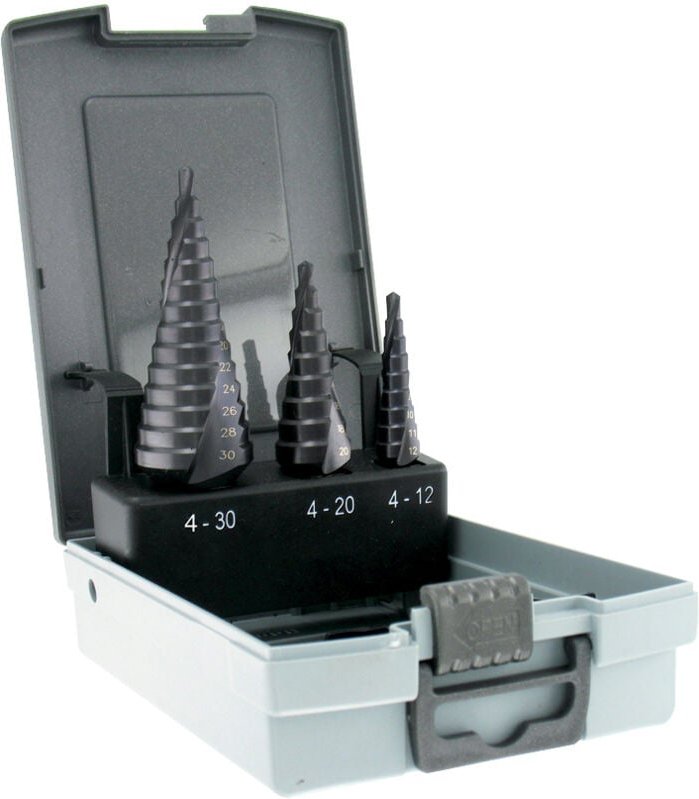 Box mit 3 selbstzentrierenden HSS-Stufenkonusbohrern • Spiralnuten • Ø4mm bis Ø12mm / Ø4mm bis Ø20mm / Ø4mm bis Ø30mm • ...