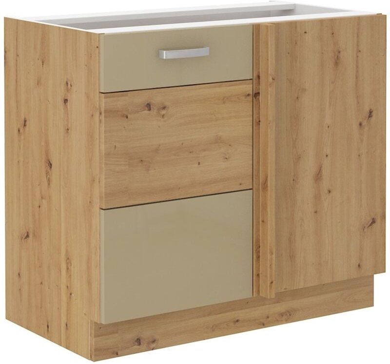 Küchen Preisbombe - Eckunterschrank 105 Eiche Artisan + Cappuccino Hochglanz Küchenzeile Küchenblock