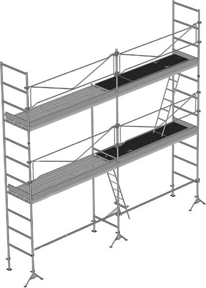Maurergerüst 52m2: Gerüststruktur+Bühnen+Fußleisten, Arbeitshöhe 5.15m - Länge 10.00m - DCM42-SPP