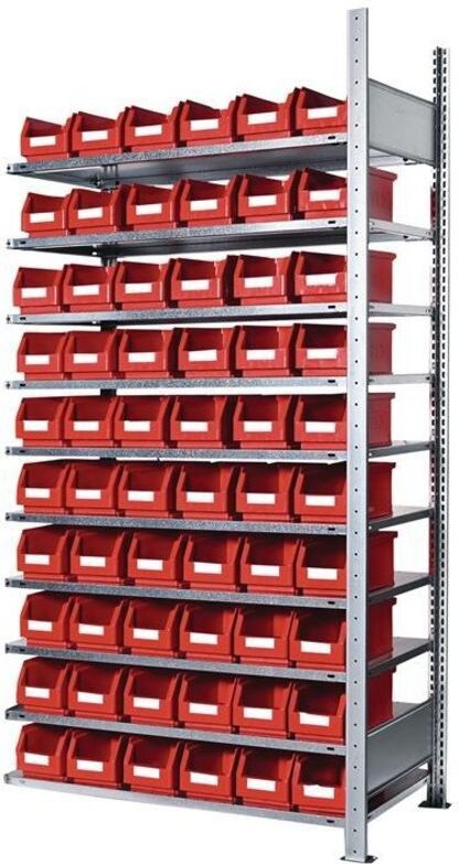 Steckregal H2000xB1000xT300mm Anbauregal 10 Stahlböden 60 x Gr. 5 rot
