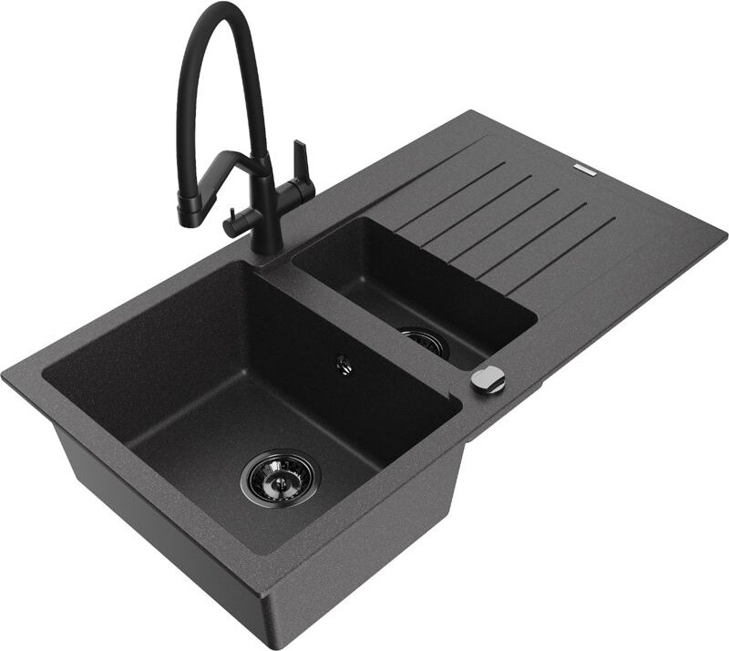 Matias 1,5-Becken-Granitspüle mit Abtropffläche und Mischbatterie Duo, Schwarz gesprenkelt - 6 - Mexen