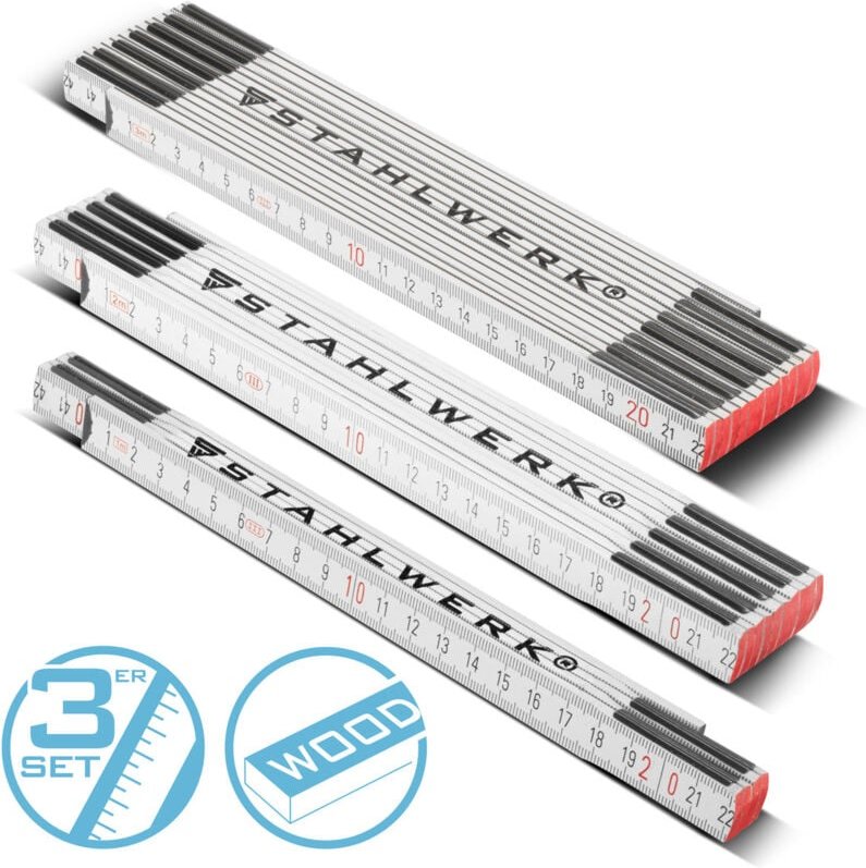 Zollstock 3er Set 1 2 3 Meter präziser Holz-Gliedermaßstab - Stahlwerk