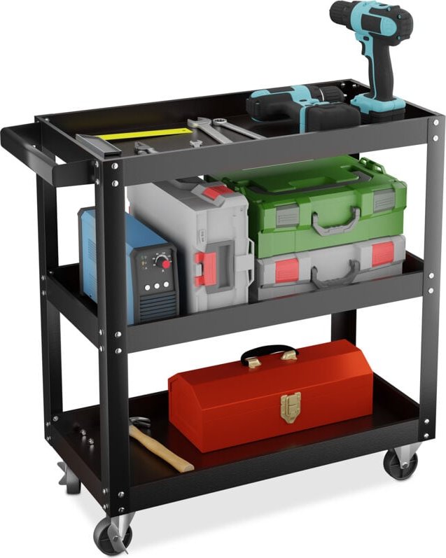 Thumbnail - Relaxdays Werkstattwagen, Werkzeugwagen mit 3 Ebenen, mobiler Montagewagen, bis 100 kg, HxBxT: 76 x 78 x 35 cm, schwarz