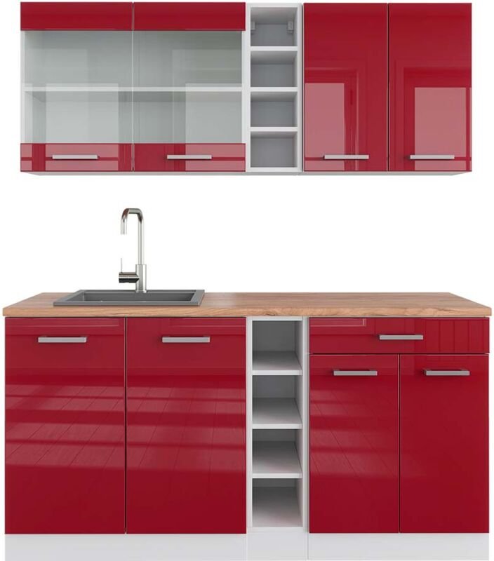 Singleküche R-Line, Bordeaux Hochglanz/Weiß, 160 cm , AP Eiche, Vicco