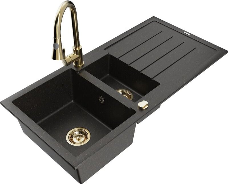 Andres 1,5-Becken-Granitspüle mit Abtropffläche und Mischbatterie Elia, Schwarz/Gold metallisc - Mexen