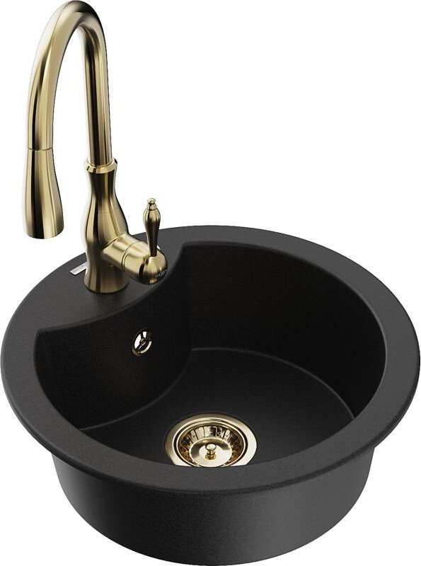 Diego 1-Becken-Granit-Spüle mit Mischbatterie Savita, Schwarz - 6512-77-672601-50 - Mexen