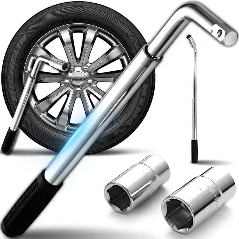 Universal-Reifenschlüssel, ausziehbar, rutschfester Gummigriff, Chrom-Finish, austauschbare Köpfe 17, 19, 21, 23 mm, Wer...
