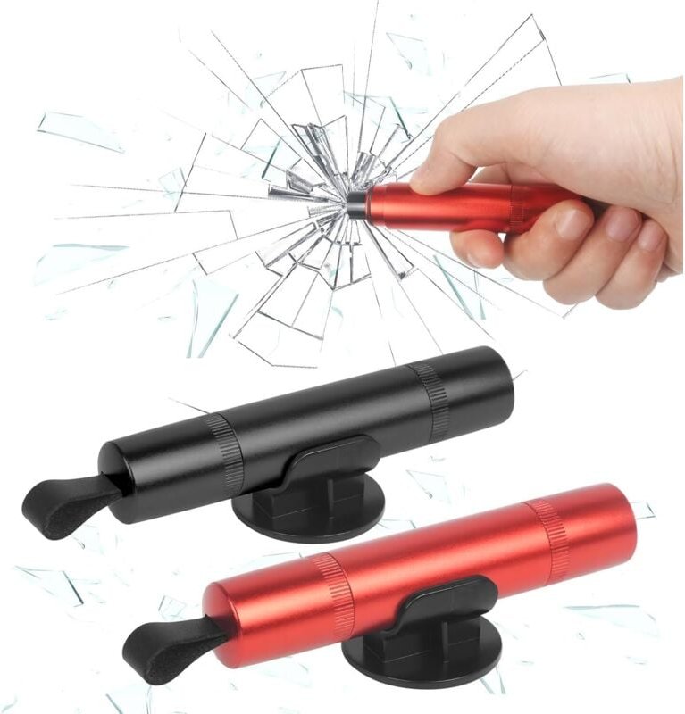 2er-Pack Sicherheitsgurtschneider-Fensterbrecher, 2-in-1-Glasbrecherhammer, kompakt und tragbar, mit zwei Klebehalterung...