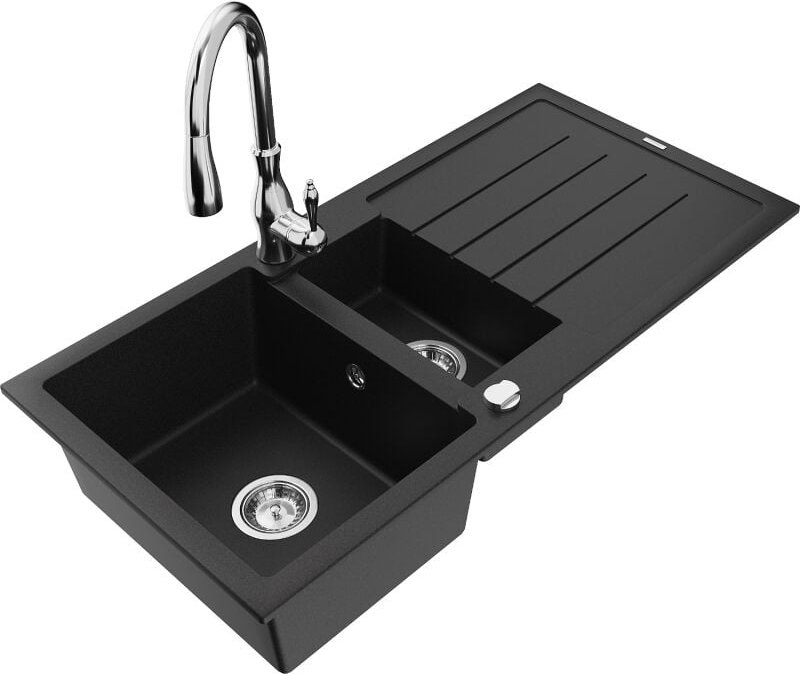 Andres 1,5-Becken-Granitspüle mit Abtropffl√§che und Mischbatterie Savita, Schwarz - 6515-77-672601-00 - Mexen