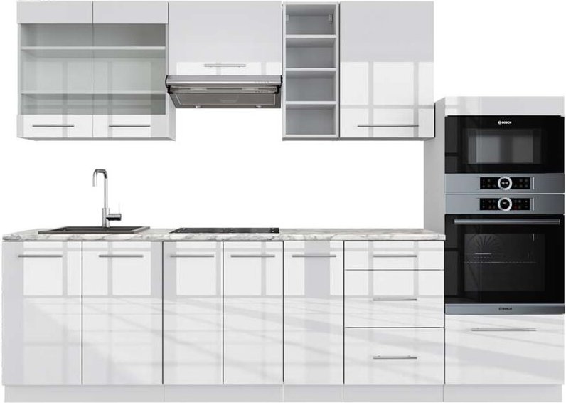 Vicco - Küchenzeile Fame-Line, Weiß Hochglanz/Weiß, 280 cm , ap Marmor