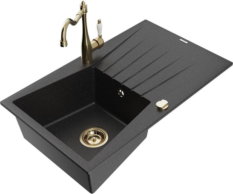 Cesar 1 Becken-Granitspüle mit Abtropffl√§che und Mischbatterie Carla, Schwarz/Silbermetallic - 6514-73-670700-50 - Mexe...