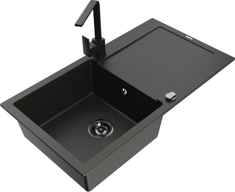 Leo 1 Becken-Granitspüle mit Abtropffl√§che und Mischbatterie Rita, Schwarz/Gold metallisch - 6501-75-670300-70-B - Mexe...