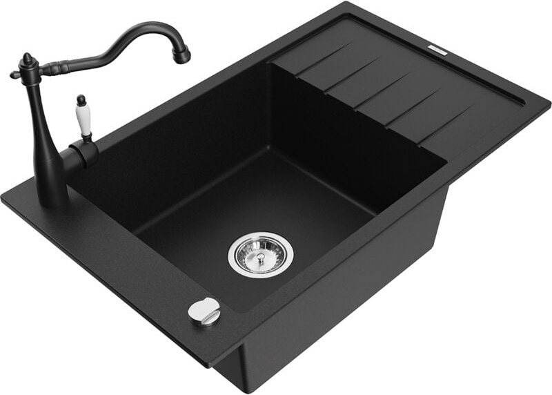 Elias 1 Becken-Granitspüle mit Abtropffläche und Mischbatterie Carla, Schwarz - 6511-77-670700 - Mexen