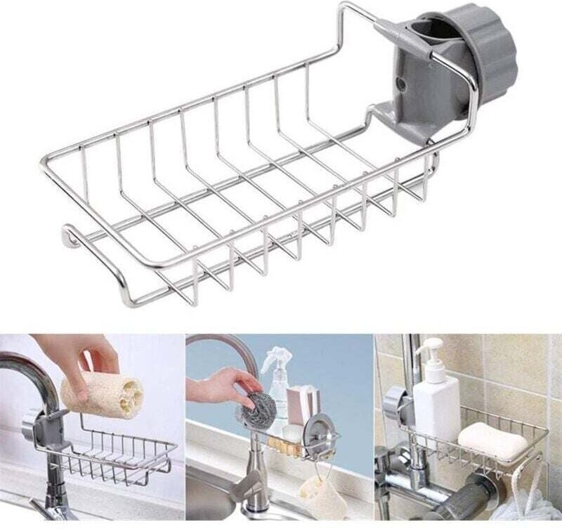 Supporto per rubinetto da cucina e bagno in acciaio inox, regolabile per sapone, lavandino, stracci, spugne, scolapiatti...