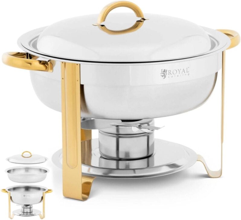 Royal Catering - Chafing Dish Warmhaltebehälter Rechaud rund Goldakzente 4,5 l 1 Brennstoffzelle