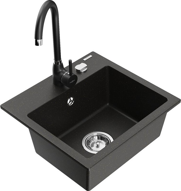 Mexen Milo 1-Becken-Granit-Spüle mit Mischbatterie Telma, Schwarz/Gold - 6505-75-670200-70