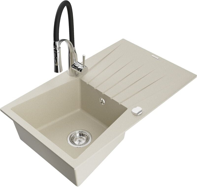 Cesar 1 Becken-Granitspüle mit Abtropffl√§che und Mischbatterie Aster, Beige - 6514-69-73450-07 - Mexen