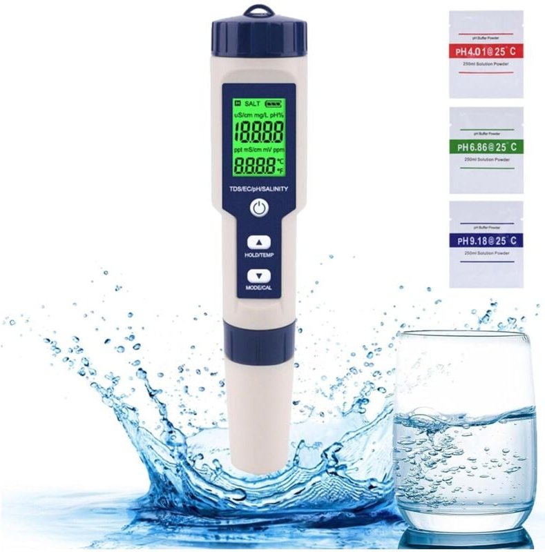 Wasserqualitätstester, 5-in-1-PH-Meter-Tester und TDS/EC/Salzgehalt/Temperaturmessgerät, PH-Meter mit LCD-Display, für T...
