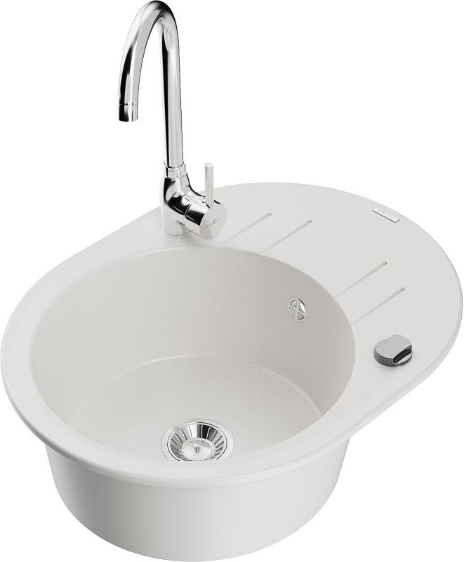 Kevin 1 Becken-Granitspüle mit Abtropffl√§che und Mischbatterie Telma, Wei√ü - 6517-20-670200-00 - Mexen