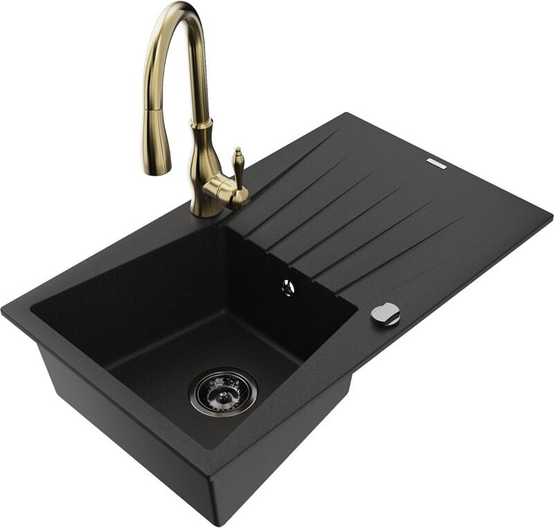 Cesar 1 Becken-Granitspüle mit Abtropffläche und Mischbatterie Savita, Schwarz - 6514-77-67260 - Mexen