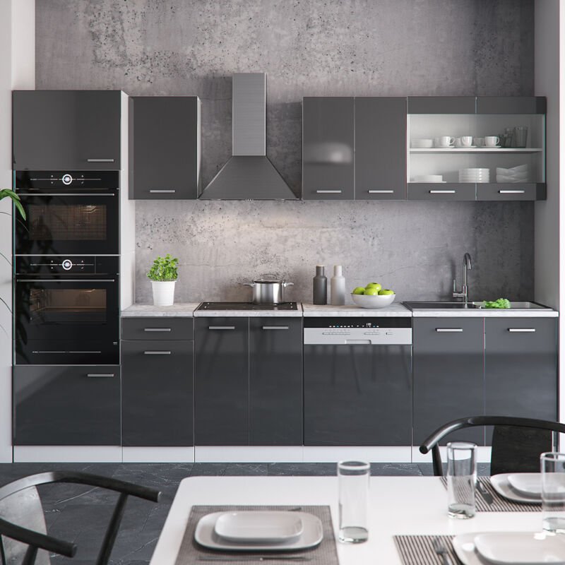 Vicco - Küchenzeile R-Line, Anthrazit Hochglanz/Weiß, 300 cm mit Hochschrank, ap Marmor
