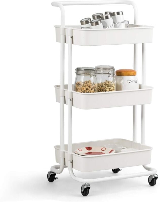 COSTWAY Servierwagen auf Rollen, Kuechenwagen Metall, Rollwagen 3 Regale, Allzweckwagen Beistellwagen Badwagen Kuechenro...