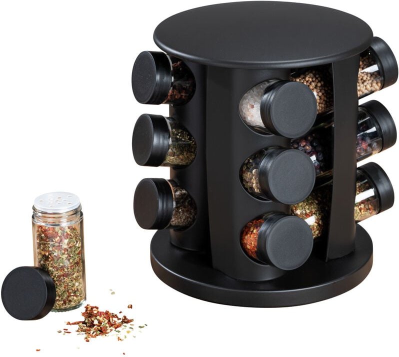 Thumbnail - Metall Gewürzkarussell Bruna 13tlg in Schwarz 8 x 12 x 12 cm - Gewürzregal : Schwarz, Gewürzbehälter: Transparent, Decke...