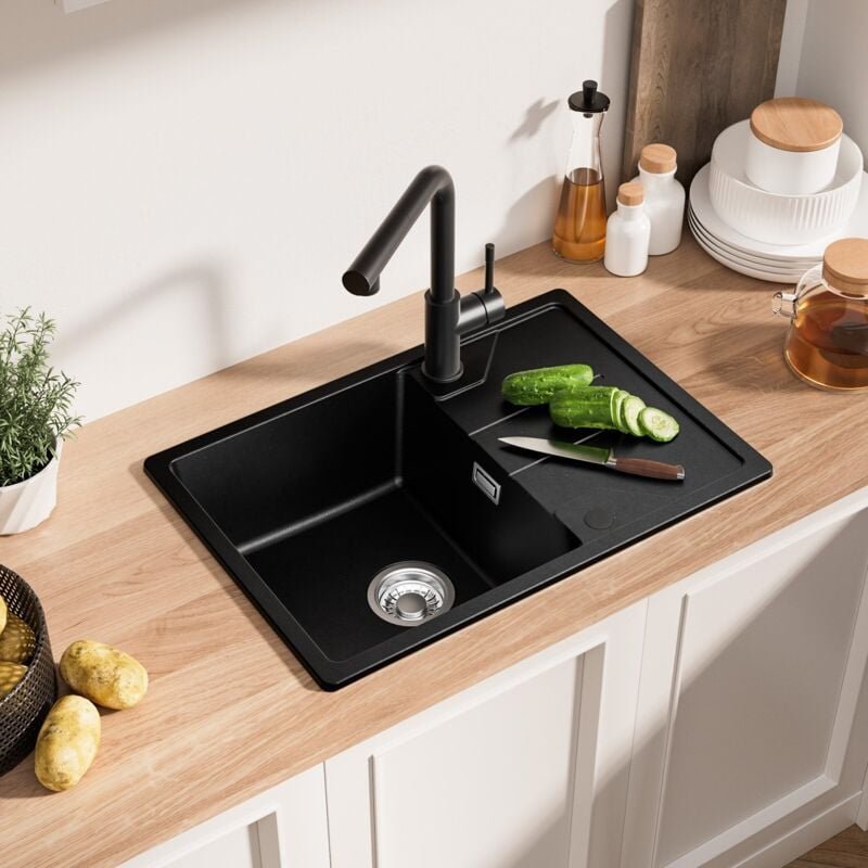 Derw max 65 x 45 cm Einzelbecken Quarzspüle Granit Küchenspüle – Unterbauspüle mit Abtropffläche – Schwarz